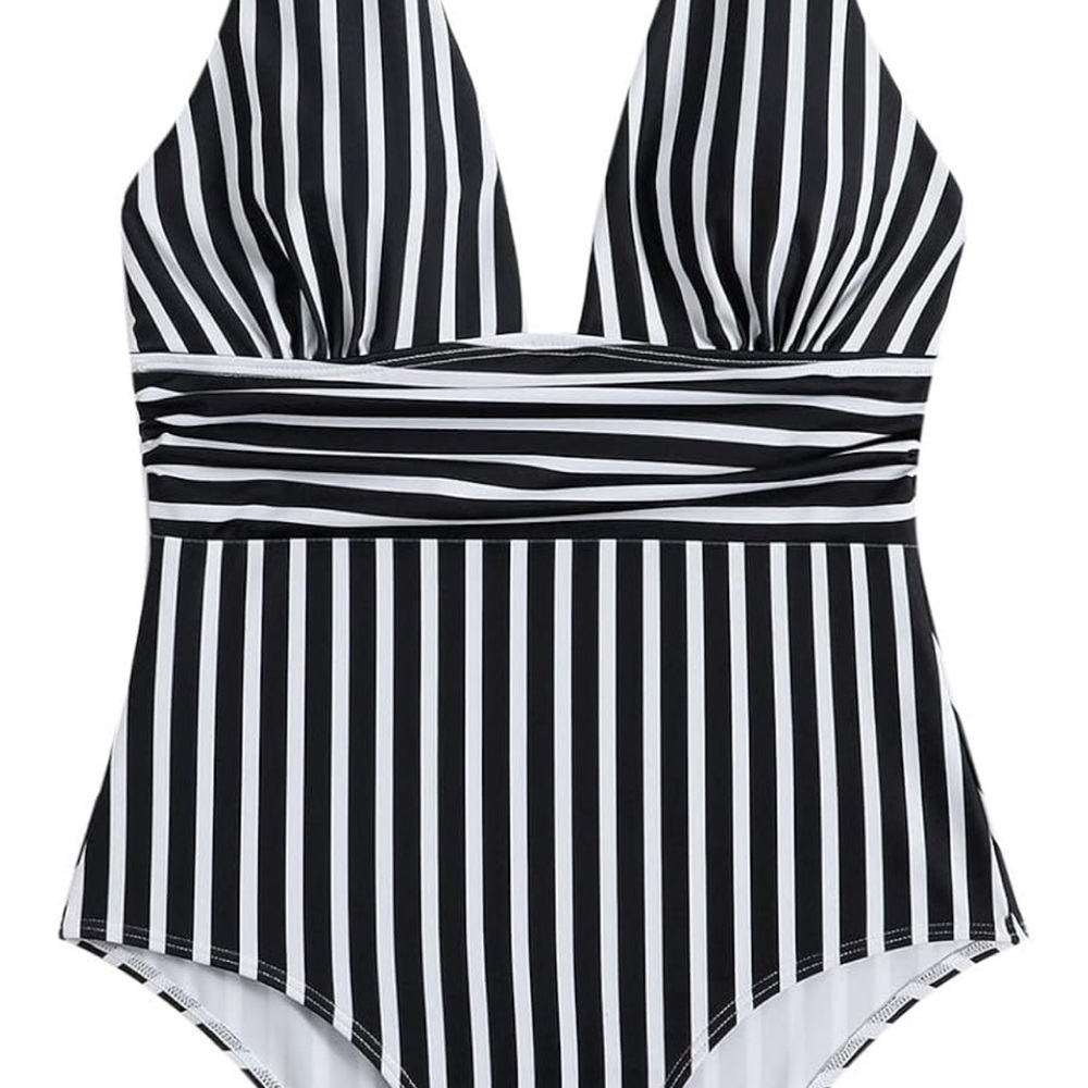 Cider Black and White Striped One Piece Swimsuit